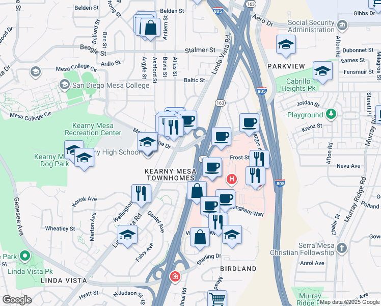 map of restaurants, bars, coffee shops, grocery stores, and more near 7625 Mesa College Drive in San Diego