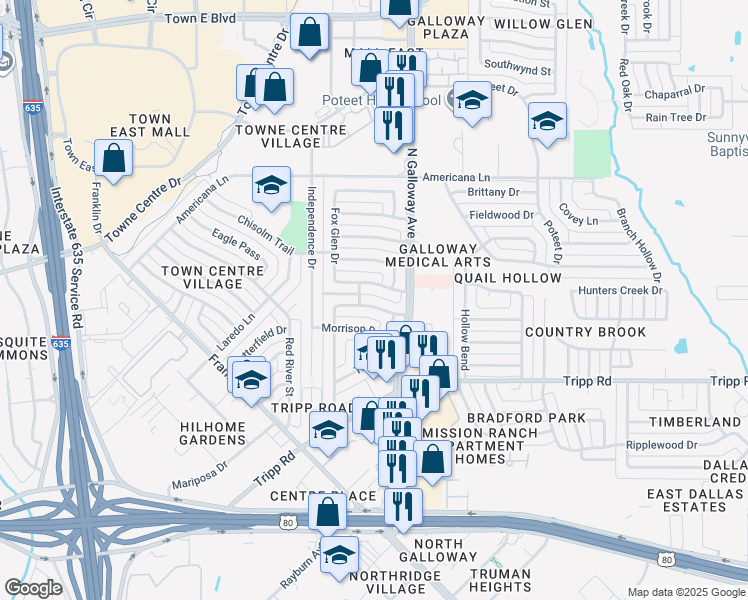 map of restaurants, bars, coffee shops, grocery stores, and more near 1011 Courtney Drive in Mesquite