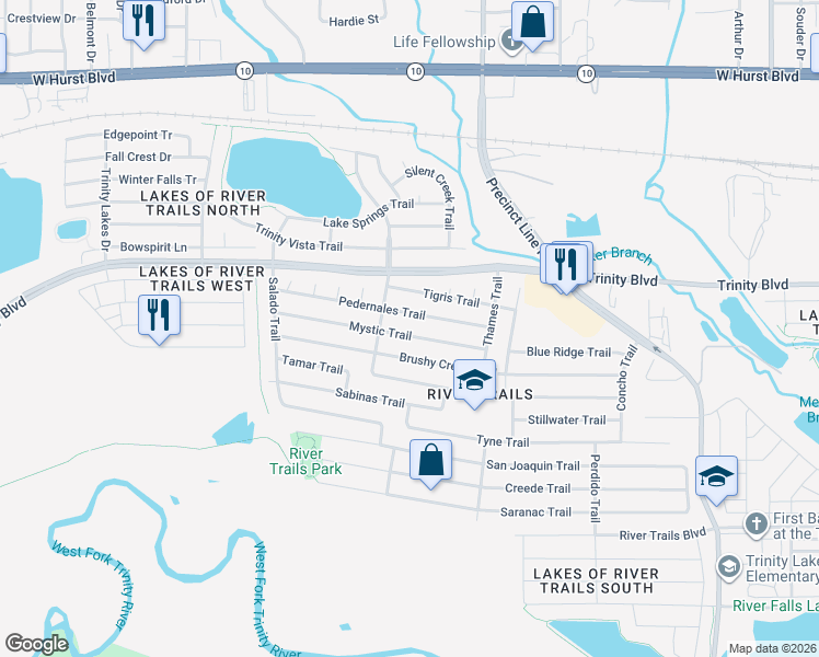 map of restaurants, bars, coffee shops, grocery stores, and more near 8725 Mystic Trail in Fort Worth