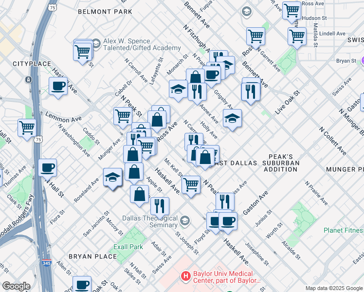 map of restaurants, bars, coffee shops, grocery stores, and more near 4314 San Jacinto Street in Dallas