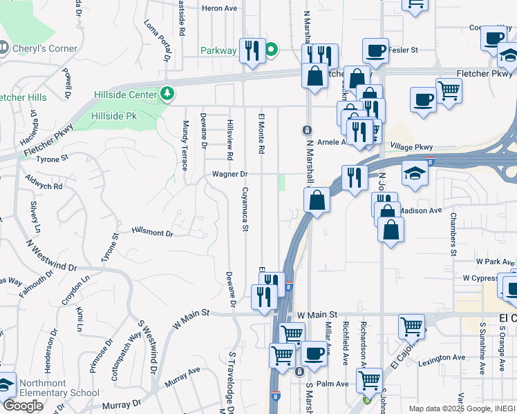 map of restaurants, bars, coffee shops, grocery stores, and more near 484 El Monte Road in El Cajon