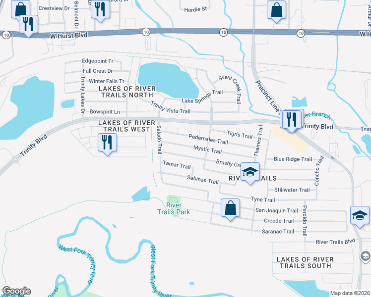 map of restaurants, bars, coffee shops, grocery stores, and more near 8600 Mystic Trail in Fort Worth