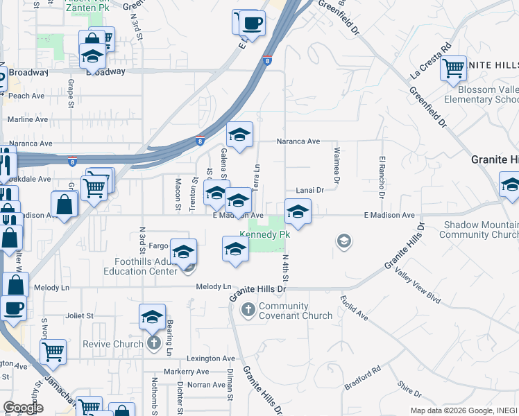 map of restaurants, bars, coffee shops, grocery stores, and more near 507 Terra Lane in El Cajon