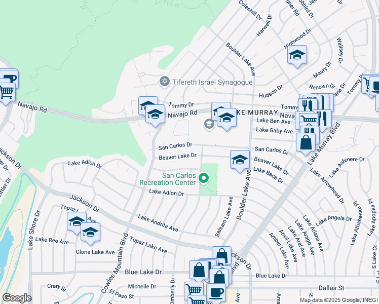 map of restaurants, bars, coffee shops, grocery stores, and more near 8072 Beaver Lake Drive in San Diego