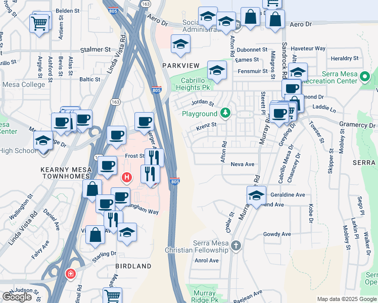 map of restaurants, bars, coffee shops, grocery stores, and more near 8276 Larkdale Avenue in San Diego