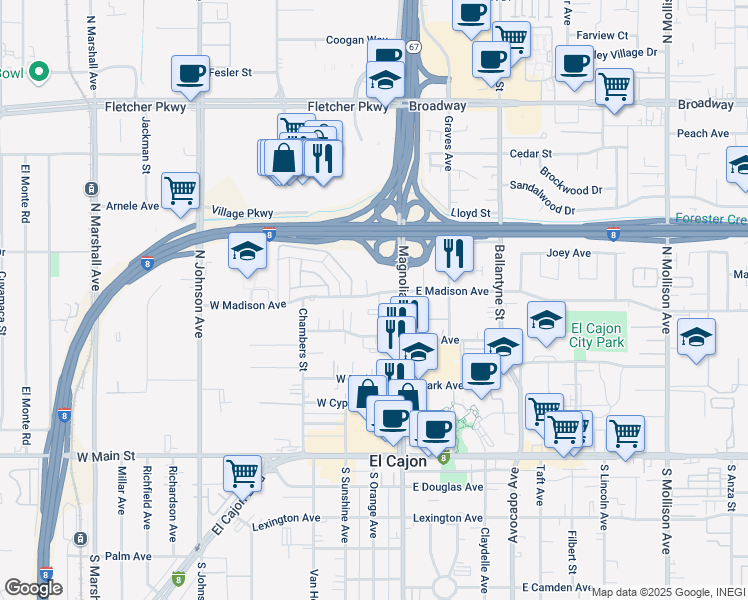 map of restaurants, bars, coffee shops, grocery stores, and more near 225 West Madison Avenue in El Cajon