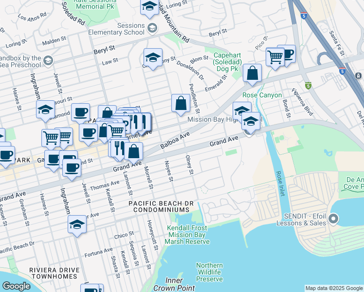 map of restaurants, bars, coffee shops, grocery stores, and more near 2166 Grand Avenue in San Diego