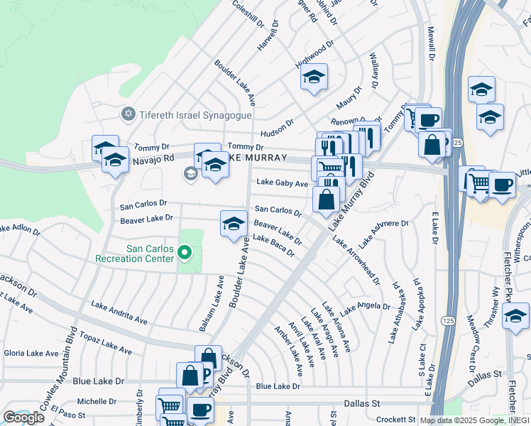 map of restaurants, bars, coffee shops, grocery stores, and more near 8343 San Carlos Drive in San Diego