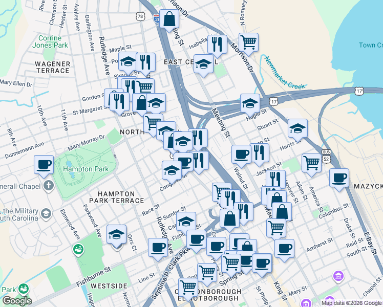 map of restaurants, bars, coffee shops, grocery stores, and more near 20 Benson Street in Charleston