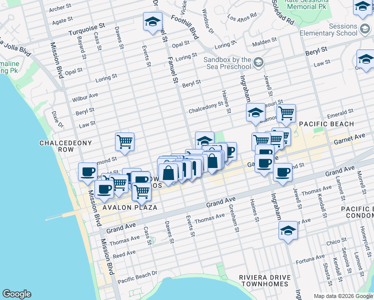 map of restaurants, bars, coffee shops, grocery stores, and more near 1260 Emerald Street in San Diego