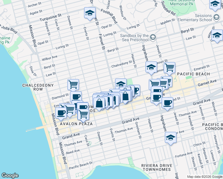 map of restaurants, bars, coffee shops, grocery stores, and more near 1270 Emerald Street in San Diego