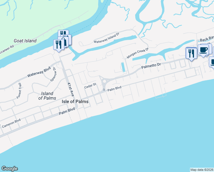 map of restaurants, bars, coffee shops, grocery stores, and more near 5 Abalone Alley in Isle of Palms