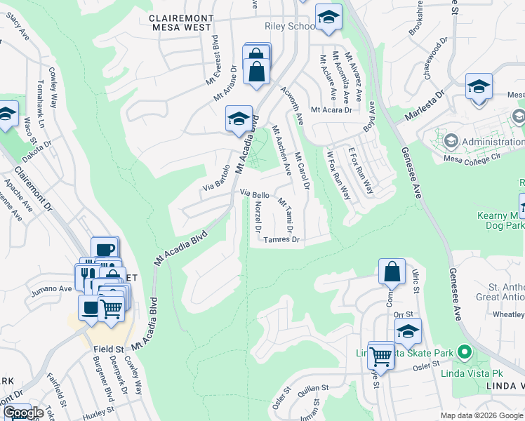 map of restaurants, bars, coffee shops, grocery stores, and more near 3168 Brilene Lane in San Diego