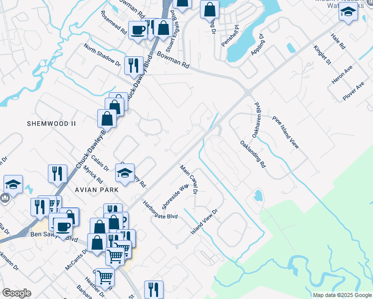 map of restaurants, bars, coffee shops, grocery stores, and more near 1221 Llewellyn Road in Mount Pleasant