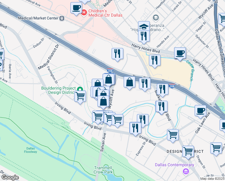 map of restaurants, bars, coffee shops, grocery stores, and more near Wycliff Avenue in Dallas