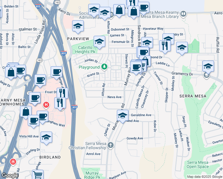 map of restaurants, bars, coffee shops, grocery stores, and more near 8566 Macawa Avenue in San Diego