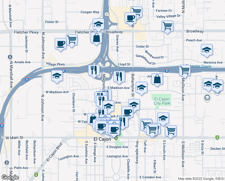 map of restaurants, bars, coffee shops, grocery stores, and more near 472 Graves Avenue in El Cajon