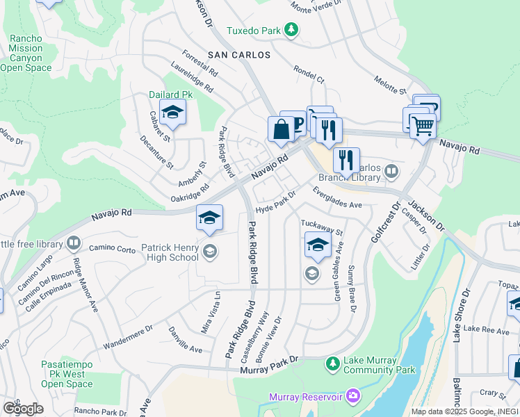 map of restaurants, bars, coffee shops, grocery stores, and more near 6963 Casselberry Way in San Diego