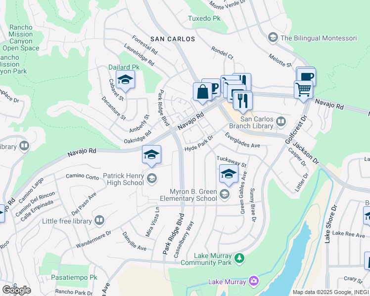 map of restaurants, bars, coffee shops, grocery stores, and more near 6976 Park Ridge Boulevard in San Diego