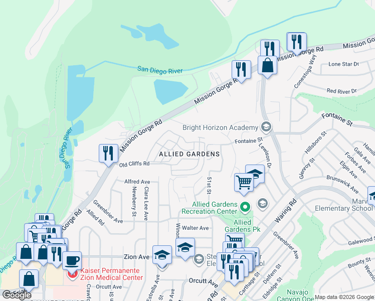 map of restaurants, bars, coffee shops, grocery stores, and more near in San Diego