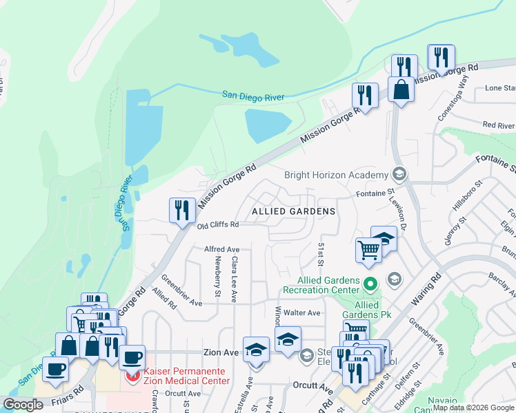 map of restaurants, bars, coffee shops, grocery stores, and more near 4920 1/2 Old Cliffs Road in San Diego