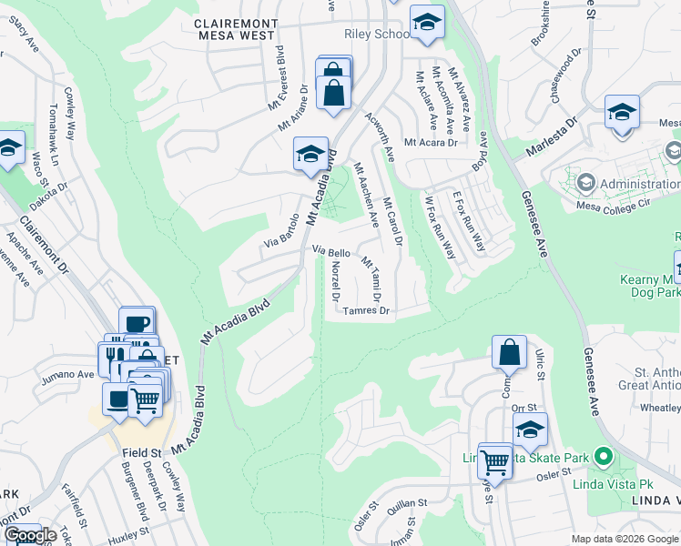 map of restaurants, bars, coffee shops, grocery stores, and more near 3168 Brilene Lane in San Diego