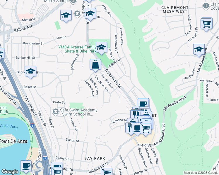 map of restaurants, bars, coffee shops, grocery stores, and more near 3235 Cheyenne Avenue in San Diego