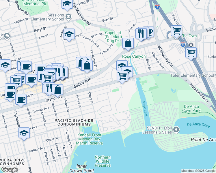 map of restaurants, bars, coffee shops, grocery stores, and more near 2337 Grand Avenue in San Diego