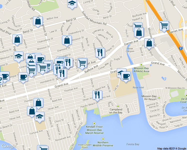 map of restaurants, bars, coffee shops, grocery stores, and more near 2166 Grand Avenue in San Diego