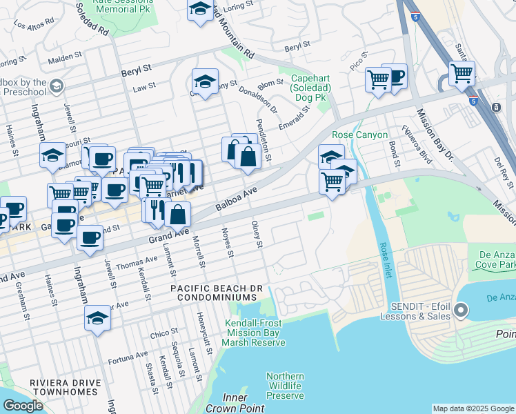 map of restaurants, bars, coffee shops, grocery stores, and more near 2166 Grand Avenue in San Diego