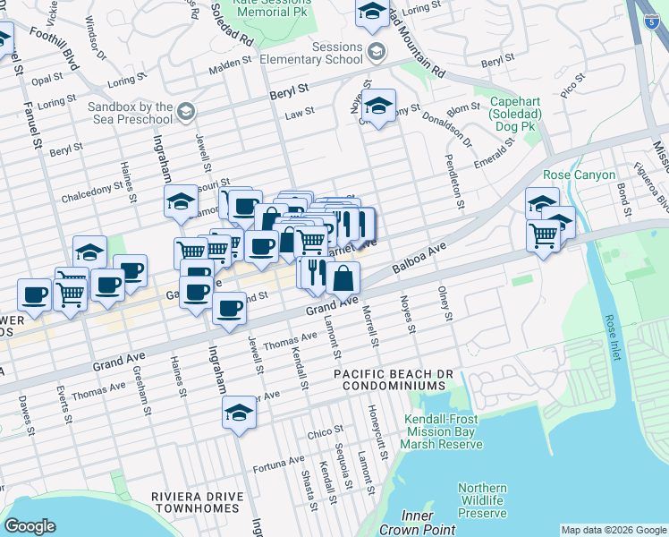 map of restaurants, bars, coffee shops, grocery stores, and more near 1944 Hornblend Street in San Diego