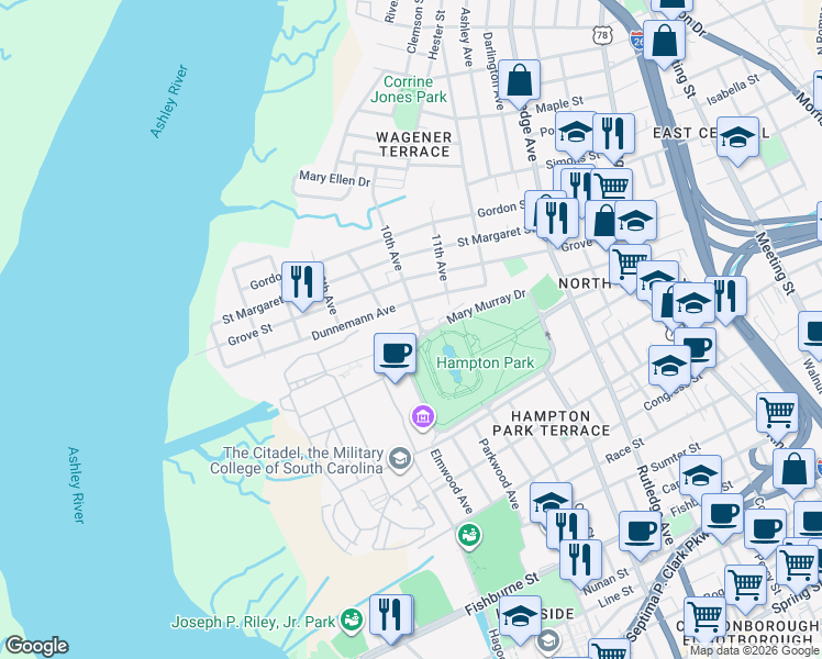 map of restaurants, bars, coffee shops, grocery stores, and more near 15 Addlestone Avenue in Charleston