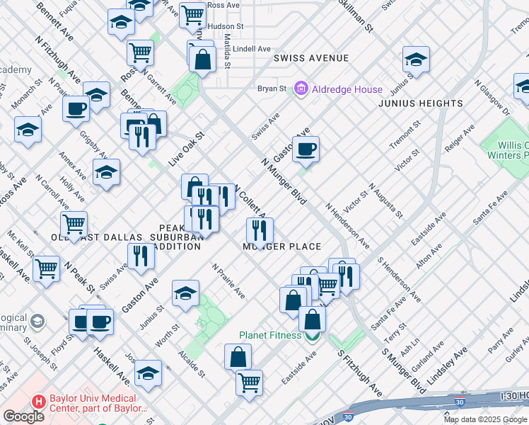 map of restaurants, bars, coffee shops, grocery stores, and more near 4900 Junius Street in Dallas