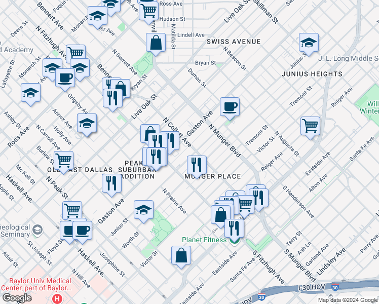 map of restaurants, bars, coffee shops, grocery stores, and more near 4900 Junius Street in Dallas