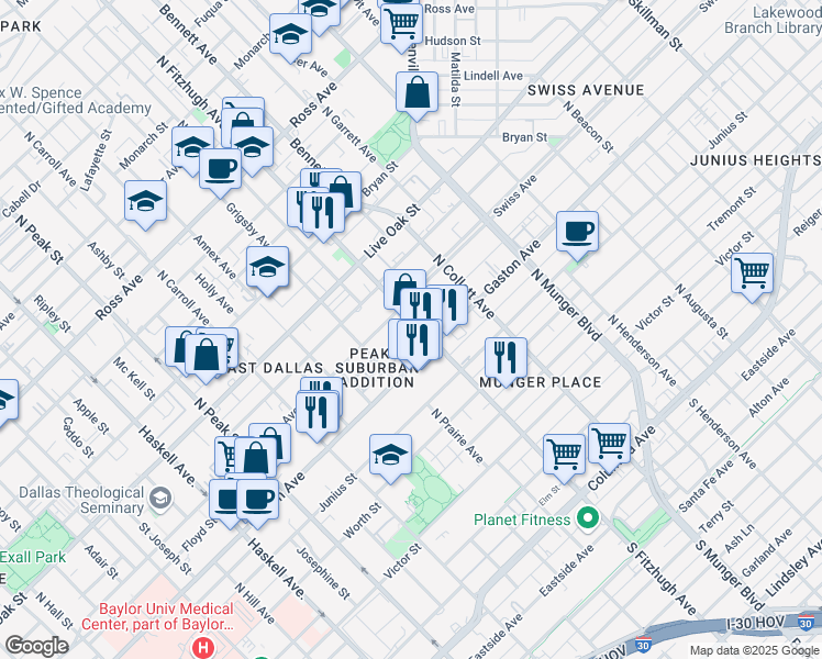 map of restaurants, bars, coffee shops, grocery stores, and more near 4830 Swiss Avenue in Dallas