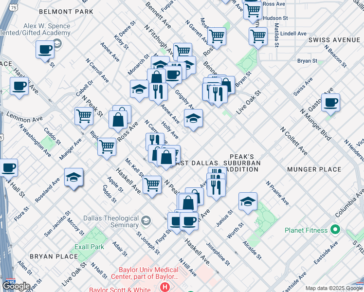map of restaurants, bars, coffee shops, grocery stores, and more near 4510 Bryan Street in Dallas