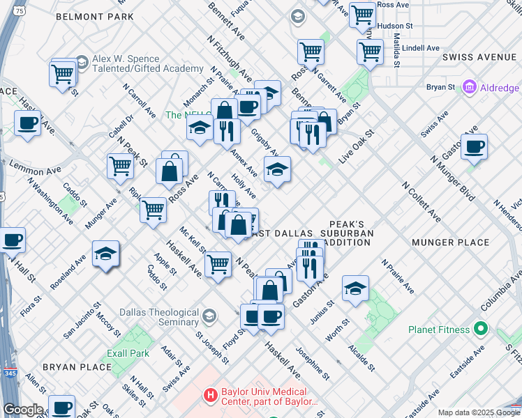 map of restaurants, bars, coffee shops, grocery stores, and more near 4510 Bryan Street in Dallas