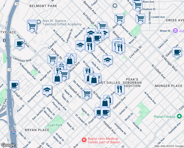 map of restaurants, bars, coffee shops, grocery stores, and more near 1423 North Carroll Avenue in Dallas