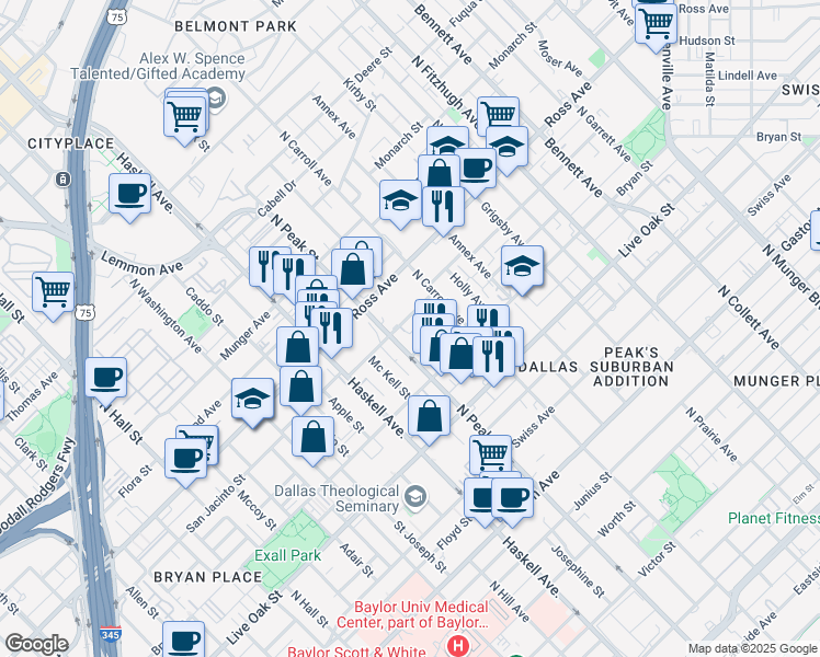 map of restaurants, bars, coffee shops, grocery stores, and more near 1513 North Peak Street in Dallas