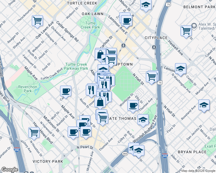 map of restaurants, bars, coffee shops, grocery stores, and more near 131 Howell Street in Dallas