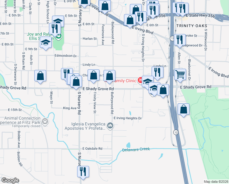 map of restaurants, bars, coffee shops, grocery stores, and more near 1205 Balleywood Road in Irving