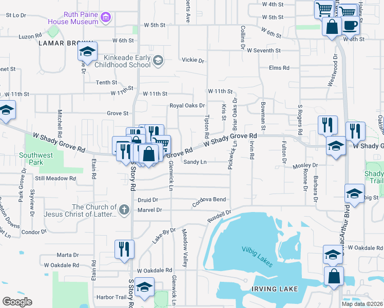 map of restaurants, bars, coffee shops, grocery stores, and more near 2100 West Shady Grove Road in Irving