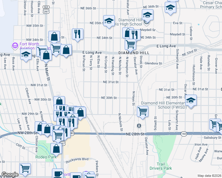 map of restaurants, bars, coffee shops, grocery stores, and more near 3112 North Crump Street in Fort Worth