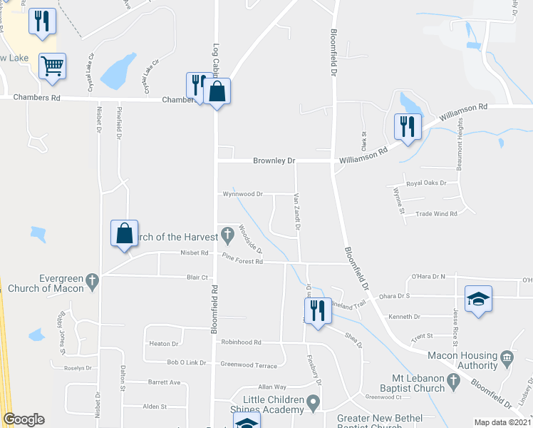 map of restaurants, bars, coffee shops, grocery stores, and more near 3425 Pine Haven Drive in Macon