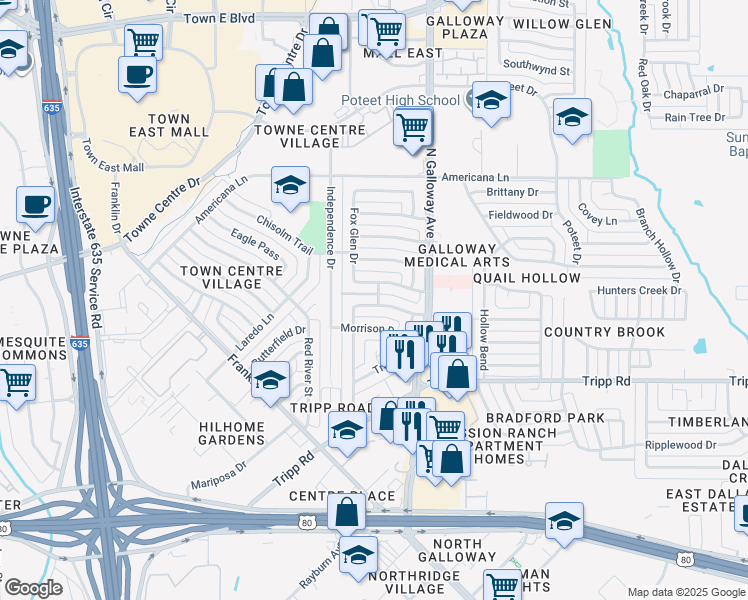 map of restaurants, bars, coffee shops, grocery stores, and more near 1011 Courtney Drive in Mesquite