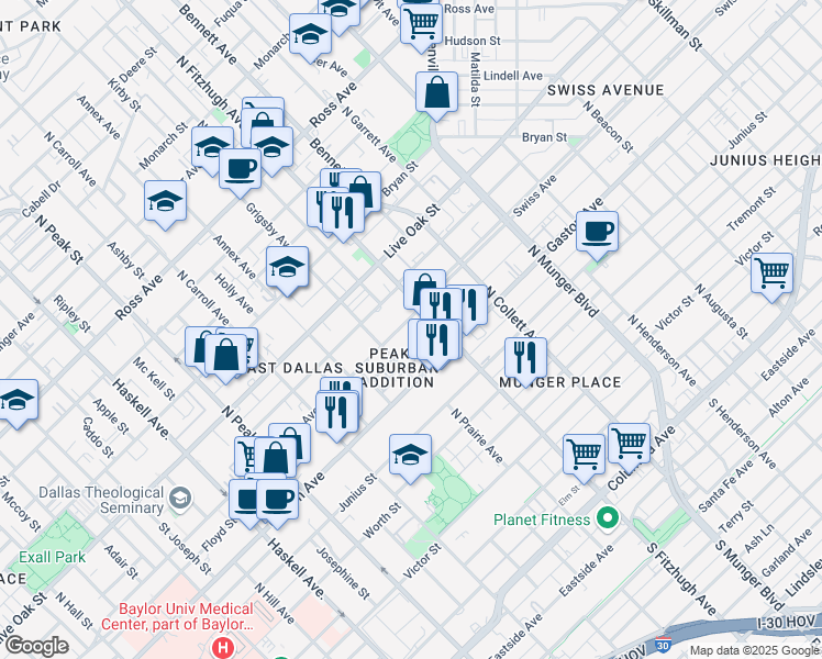 map of restaurants, bars, coffee shops, grocery stores, and more near 4830 Swiss Avenue in Dallas