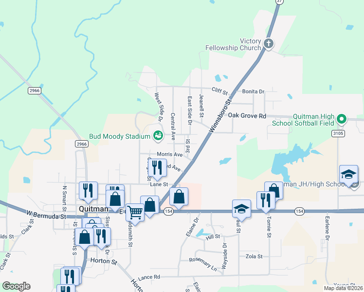 map of restaurants, bars, coffee shops, grocery stores, and more near 405 Third Street in Quitman