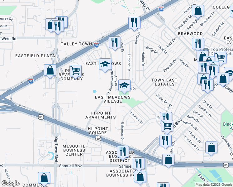 map of restaurants, bars, coffee shops, grocery stores, and more near 4109 Amy Drive in Mesquite