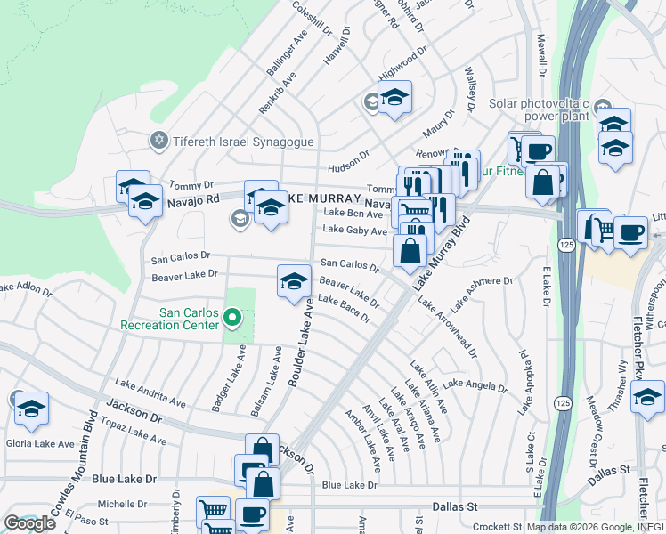 map of restaurants, bars, coffee shops, grocery stores, and more near 8343 San Carlos Drive in San Diego