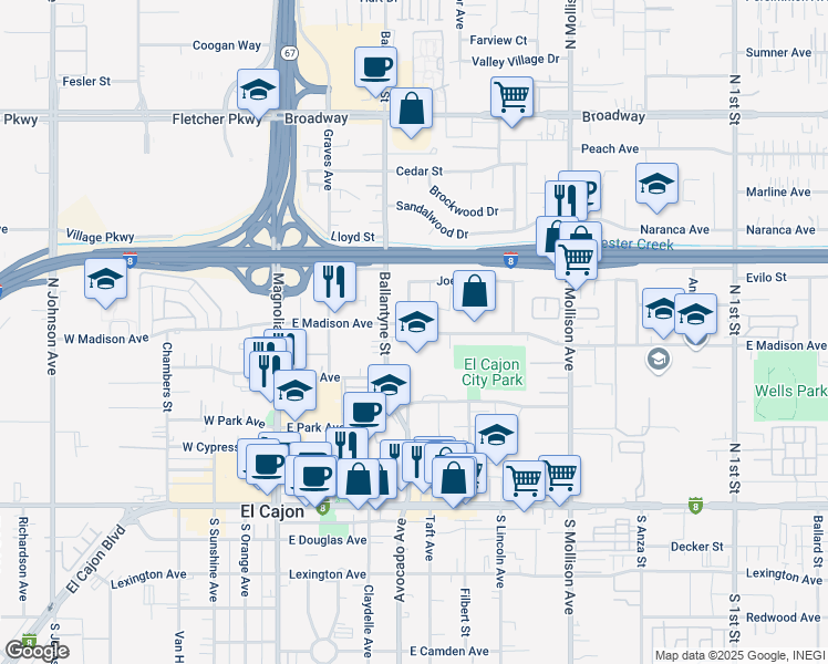 map of restaurants, bars, coffee shops, grocery stores, and more near 545 East Madison Avenue in El Cajon